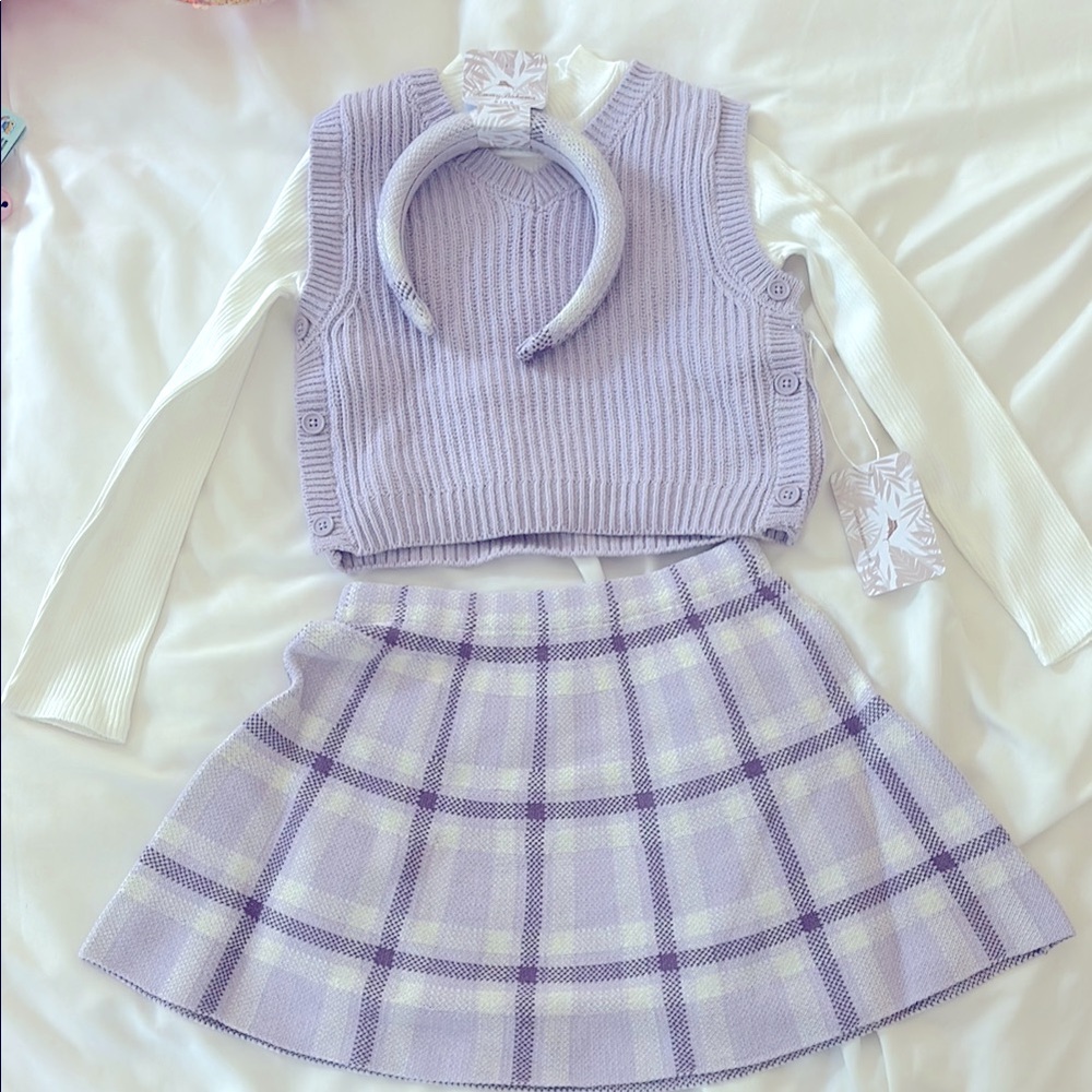Lilac Plaid Knit Skirt & Sweater Vest Set with Headband - Kids